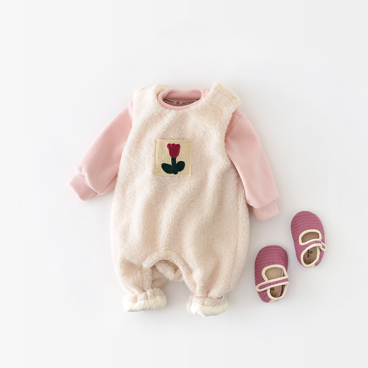 2pcs Winter Thicken Baby Girl Solid Color Floral Pattern Overalls Romper and Sweatshirt Set-kissminis