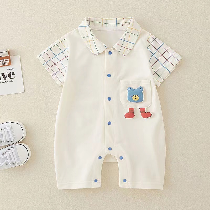 Baby Boy Stereoscopic Bear Plaid Splicing Romper-kissminis