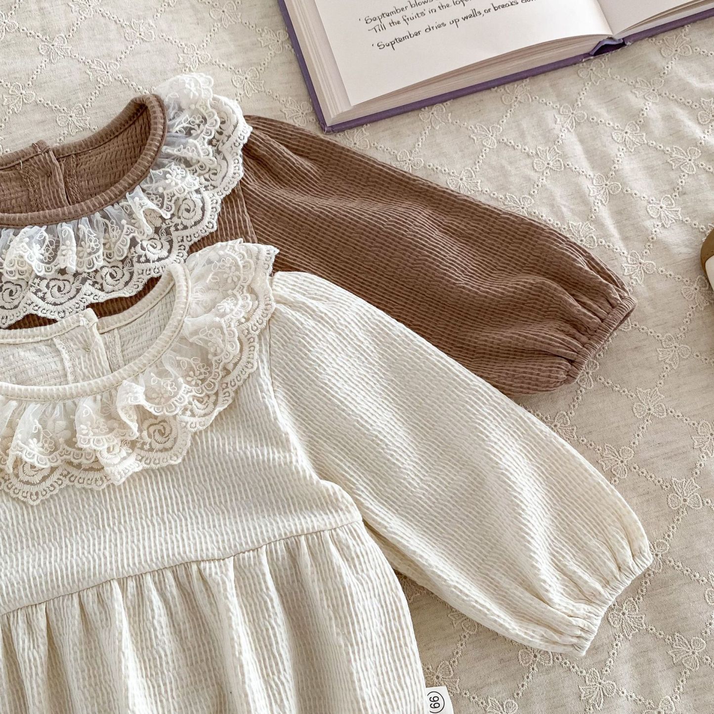 Baby Girl Waffle Lace Solid Color Long Sleeve Bodysuit-kissminis