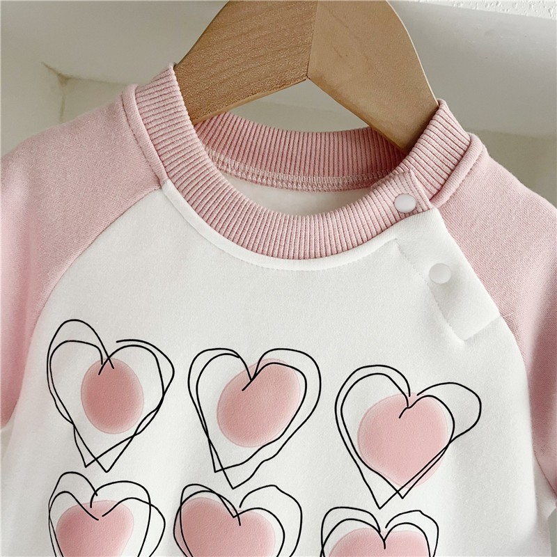 Baby Girl Heart Print Graphic Fluff Block Color Long Sleeve Romper