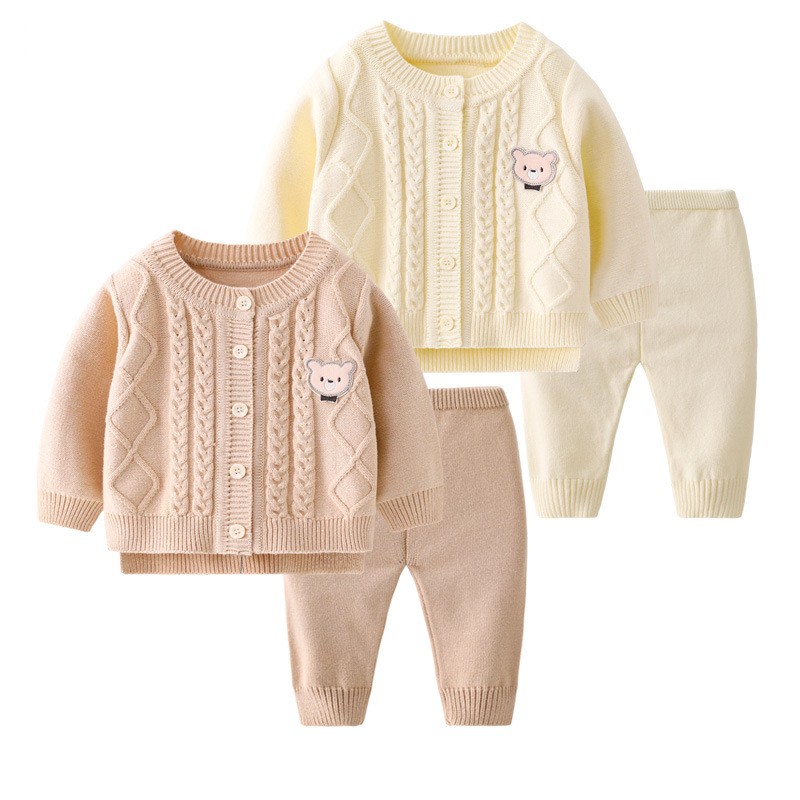 Baby Girl Ribbed Knit Bear Design Cardigan Sweatshirt with Pants Set-kissminis