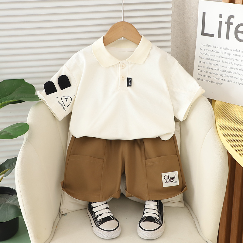 Polo Short-sleeve Shirt with Bear Motif Pocket and Beige Shorts Set