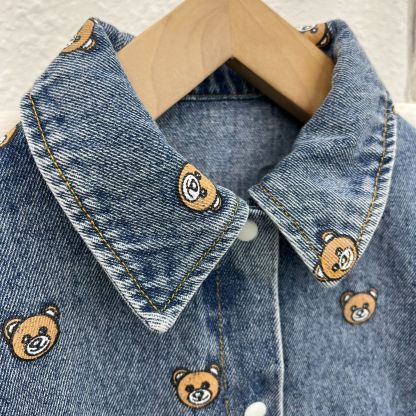 Baby Boy Allover Bear Print Polo Collar Pocket Decor Long Sleeve Botton Up Casual Denim Romper