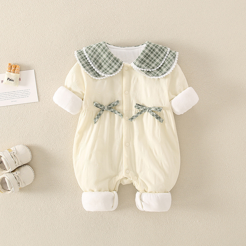 Baby Boy/Girl Fake Two Pieces Solid Color Plaid Long Sleeve Romper-kissminis