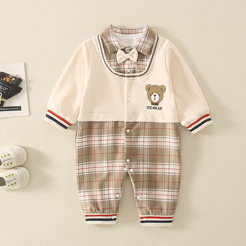 Baby Girl/Boy Fake Two Pieces Plaid Bear Long Sleeve Romper-kissminis