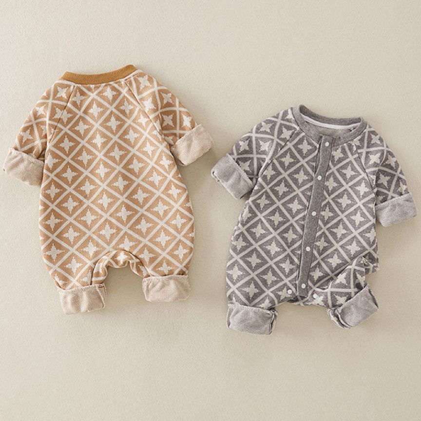 Baby Boy/Girl Diamond-checked Knit Long Sleeve Romper-kissminis