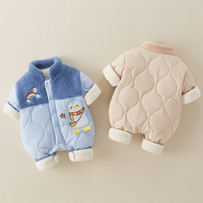Baby Boy & Girl Winter Cartoon Penguin Graphic Thicken Long Sleeve Romper-kissminis
