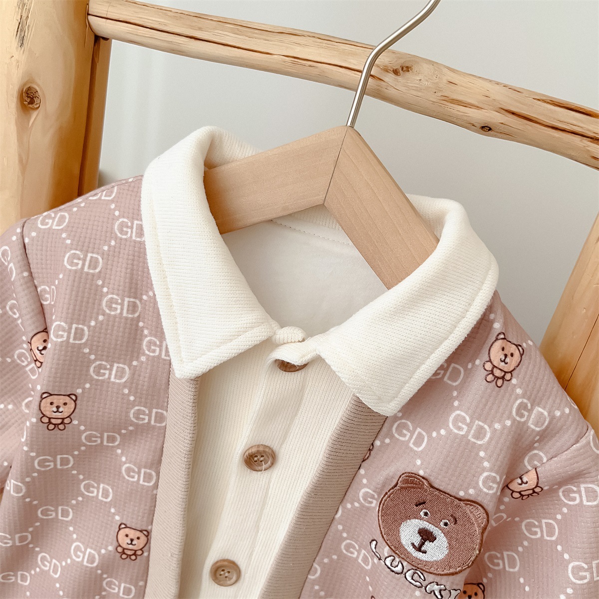 White Collar Bear Pattern, Button Front Design Romper