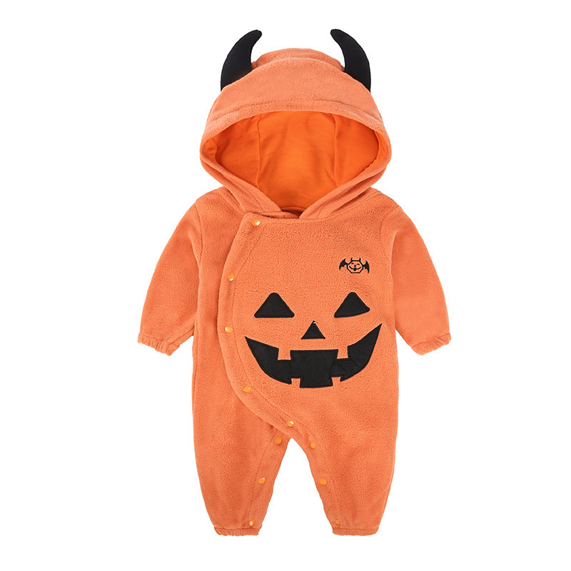 Baby Wacky Pumpkin Cartoon Print Hooded Romper-kissminis