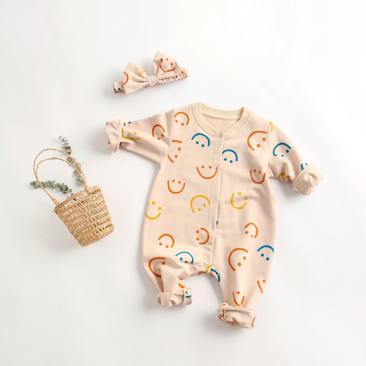Baby Girl Allover Smile Face Pattern Single Breasted Long Sleeve Romper-kissminis