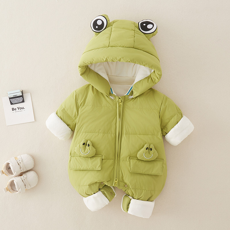 Baby Boy/Girl Cute Little Frogs Design Winter Feather Removable Hat Romper-kissminis