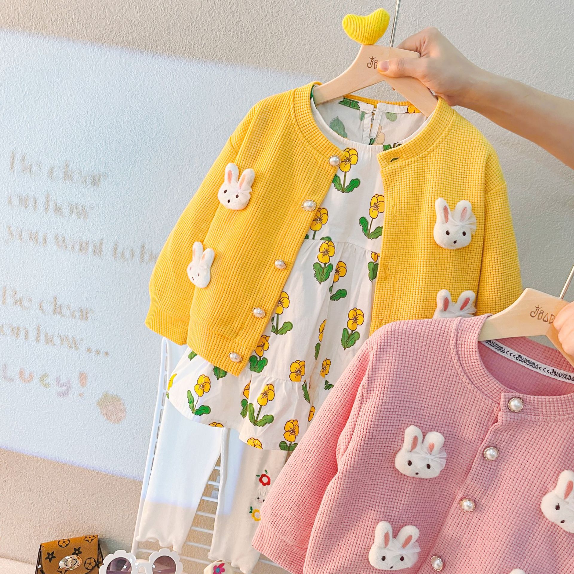 3pcs Cardigan +Dress+Knit Pants Baby Girl Rabbit and Floral Graphics