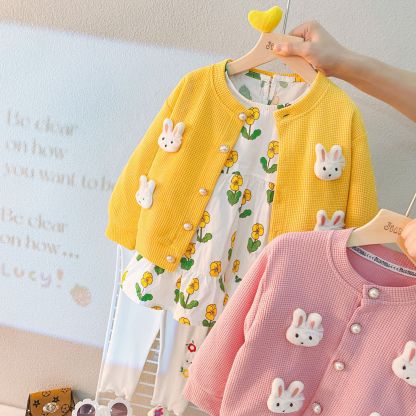 3pcs Cardigan +Dress+Knit Pants Baby Girl Rabbit and Floral Graphics