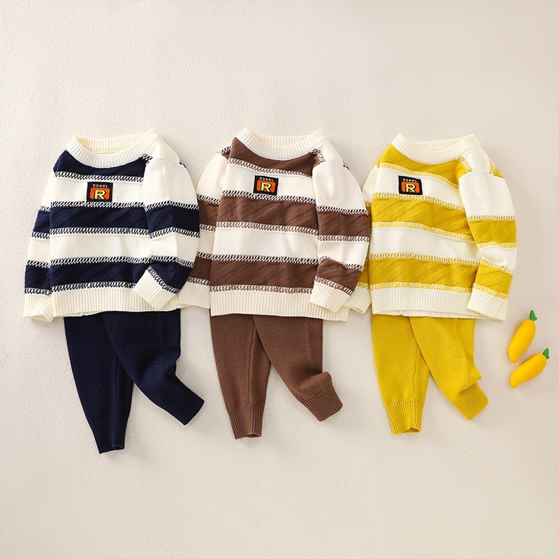 Baby Boy/Girl Ribbed Knit Stripe Pullover Sweatshirt with Pants Set-kissminis