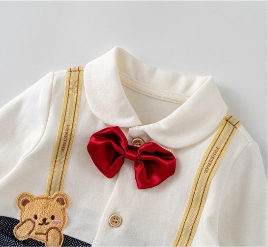 Baby Boy Cute Bear Print Bow Tie Long Sleeve Romper-kissminis