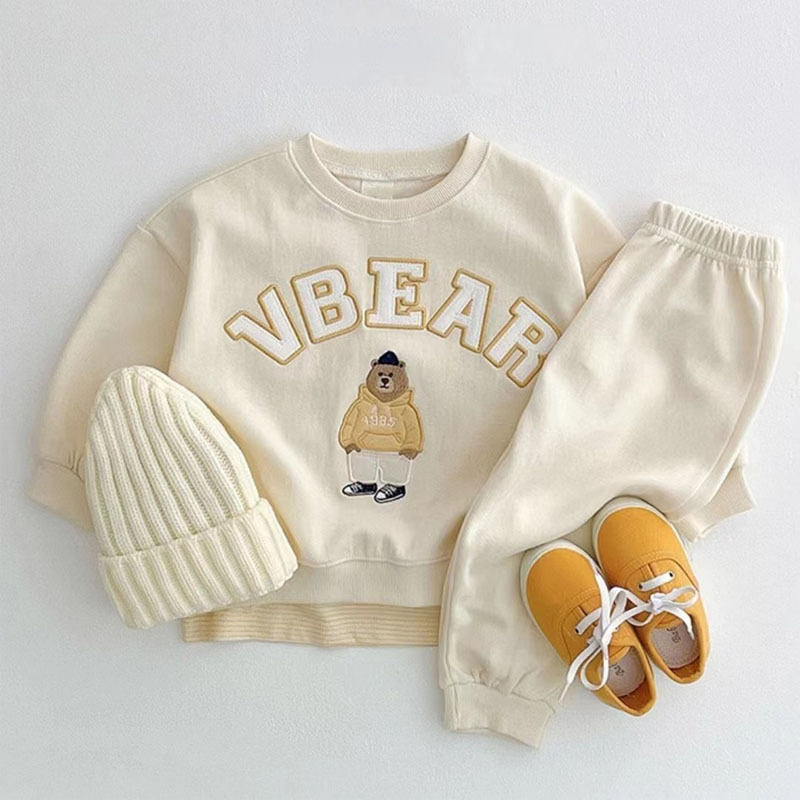 2pcs Toddler Boy/Girl Cute Bear and Letters Print Solid Color Long Sleeves Sweatshirt and Pants Set-kissminis