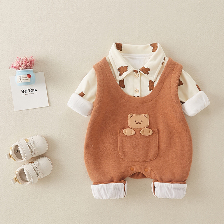 Baby Cartoon Bear Graphic Mock Two Pieces Long Sleeve Romper-kissminis