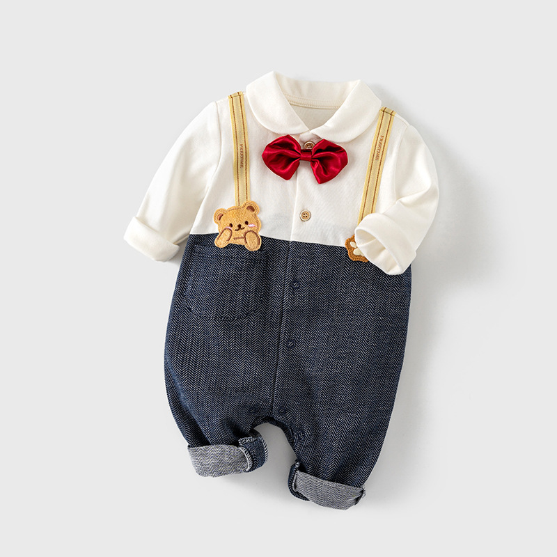 Baby Boy Cute Bear Print Bow Tie Long Sleeve Romper-kissminis