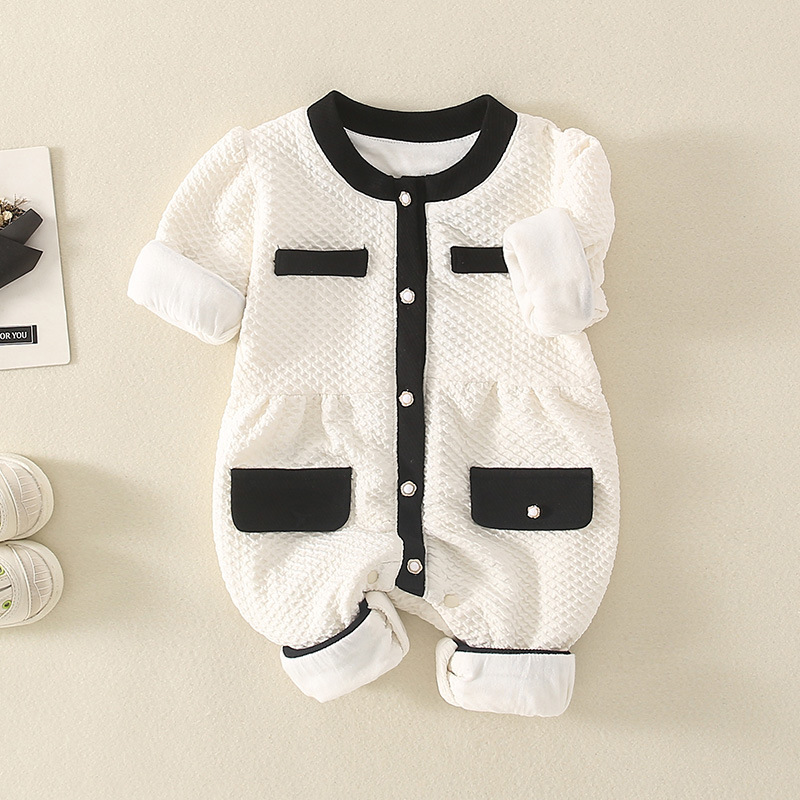 Baby Girl Mock Pocket Chanel Style Simple Long Sleeve Romper-kissminis