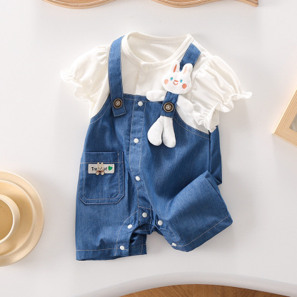 Newborn Baby Ruffle Sleeve Breathable Denim Animal Doll Romper