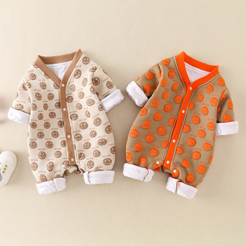 Baby Boy Allover Smiling Face Print Long Sleeve Romper-kissminis