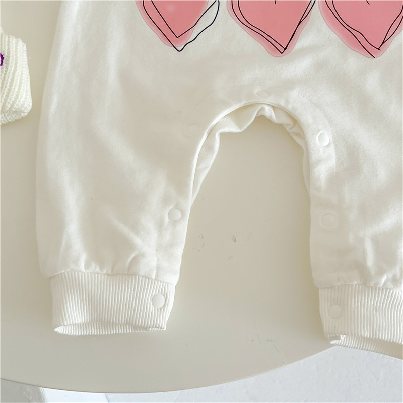Baby Girl Heart Print Graphic Fluff Block Color Long Sleeve Romper