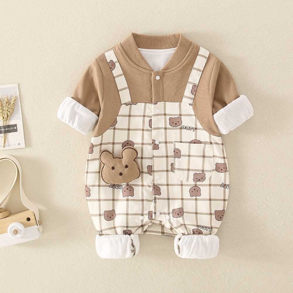 Baby Cartoon Bear Graphic Plaid Long Sleeve Romper-kissminis