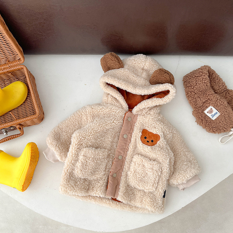Baby Toddler Boy/Girl Cute Bear Design Solid Color Fluff Long Sleeve Hooded Sweatshirt-kissminis
