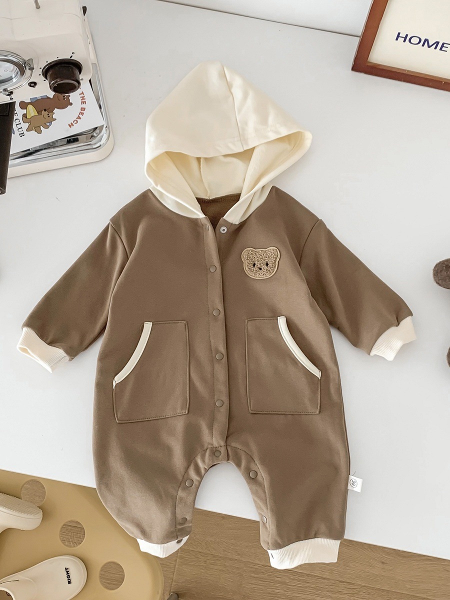 Baby Boy/Girl Cartoon Bear Graphic Hooded Long Sleeve Romper-kissminis