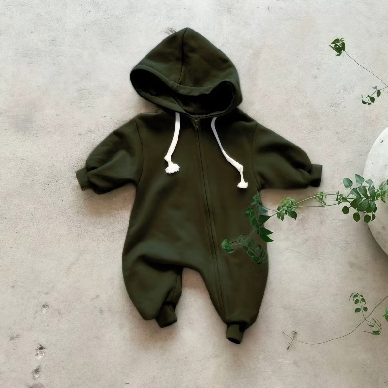 Newborn Baby Boy/Girl Solid Color Hooded Drawstring Side Zipped Pajamas Romper