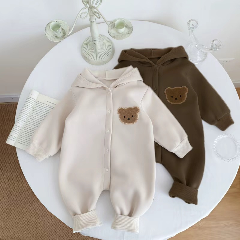 Baby Toddler Boy/Girl Bear Patch Solid Color Long Sleeve Fluff Romper