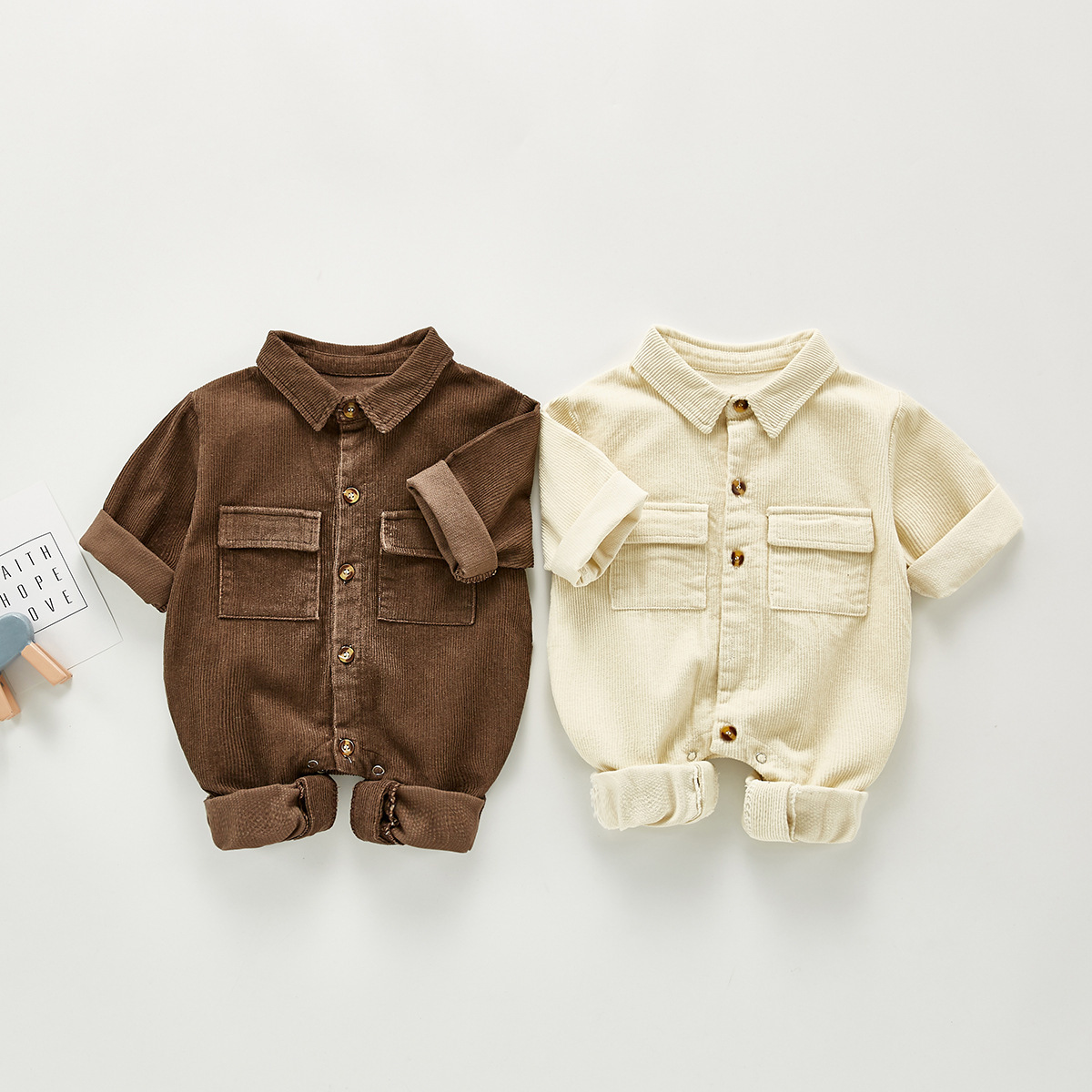 Baby Boy Solid Color Single Breasted Long Sleeve Romper-kissminis