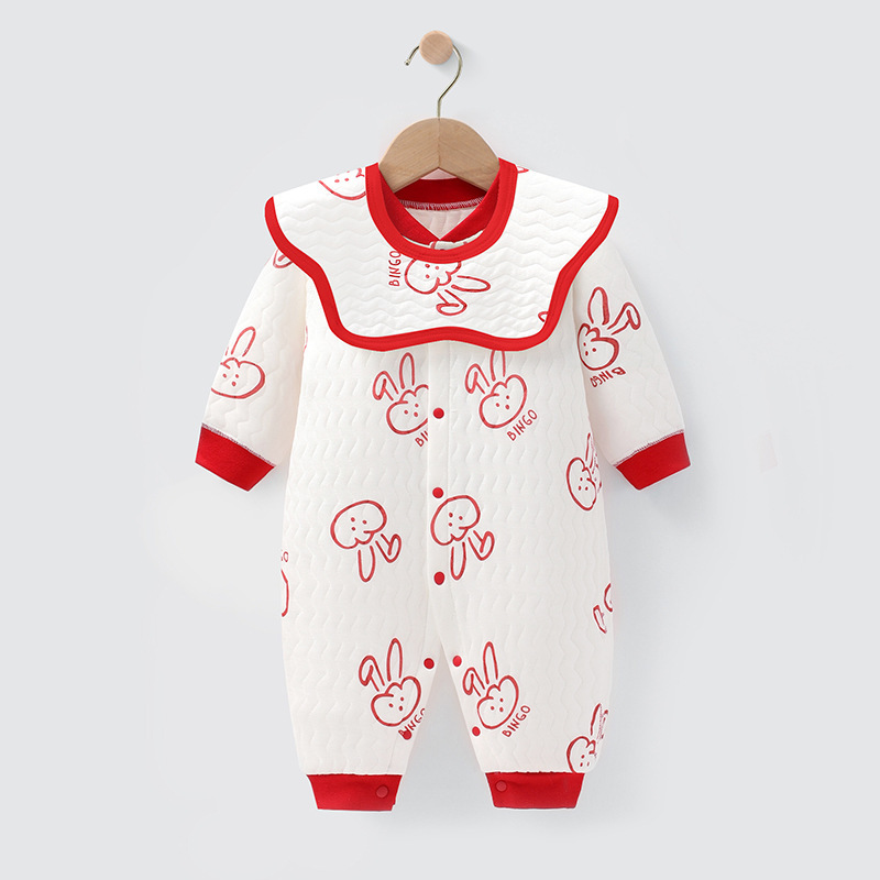 Baby Boy & Girl Lovely Cartoon Print Single Breasted Thicken Long Sleeve Romper-kissminis