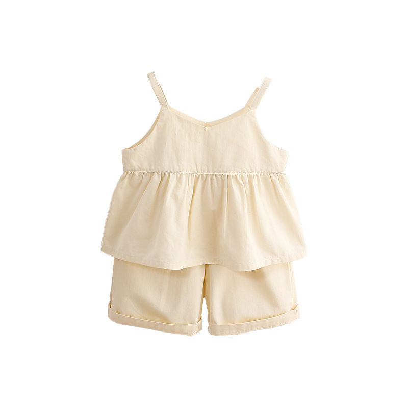 Tan and Cream Spaghetti-strap Ruffled Top and Shorts Sets