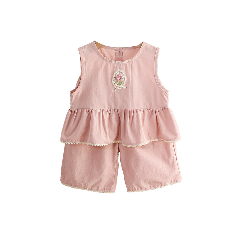 Pink Sleeveless Ruffled Top Matching 2pcs Shorts Set
