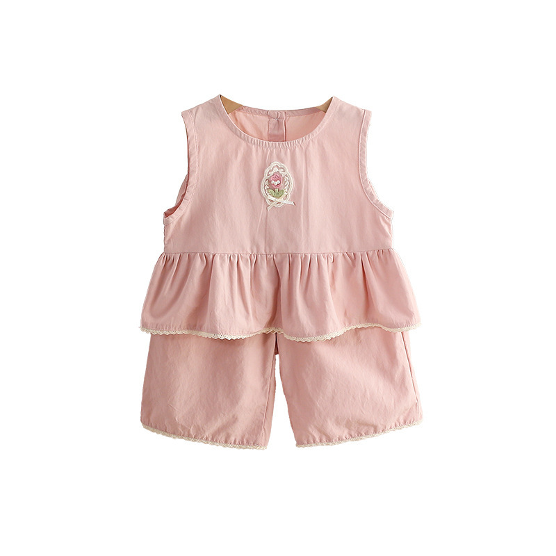 Pink Sleeveless Ruffled Top Matching 2pcs Shorts Set