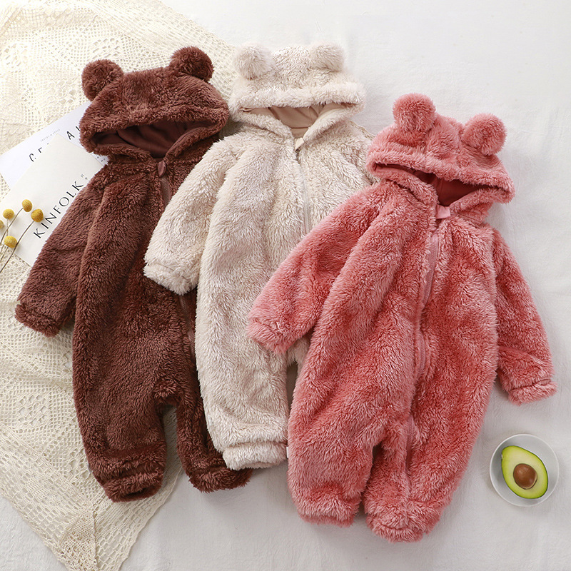 Baby Boy/Girl Cute Bear Ears Design Solid Color Fluff Long Sleeve Hooded Romper-kissminis