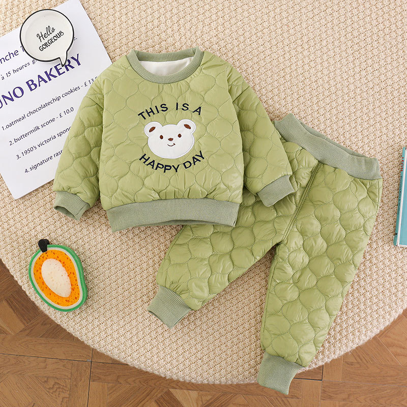 2pcs Baby Boy/Girl Solid Color Cute Bear and Letter Print Long Sleeves Sweatshirt and Pants Set-kissminis