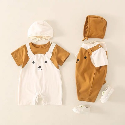 2pcs Soft Comfortable Baby Boy Mock Two-Piece Overalls & Hat Romper Set
