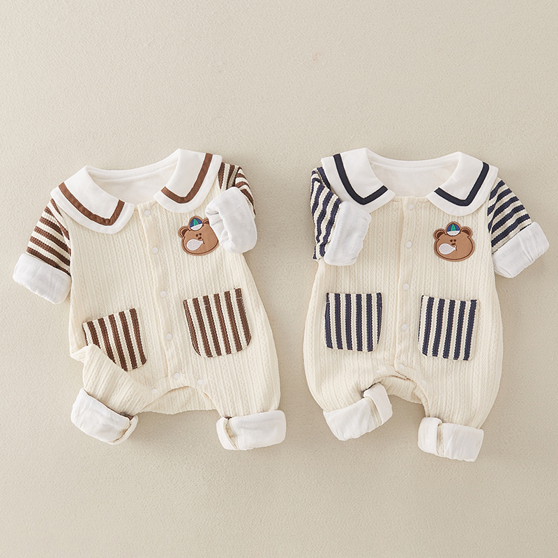 Baby Boy/Girl Bear Patch Striped Splicing Long Sleeve Romper