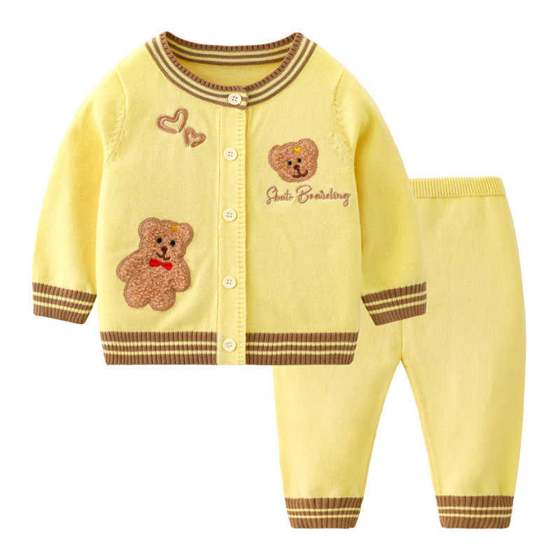 Baby Boy/Girl Ribbed Knit Bear Design Cardigan Sweatshirt with Pants Set-kissminis
