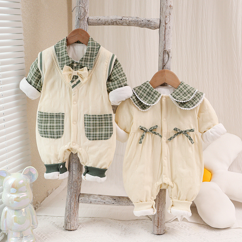 Baby Boy/Girl Fake Two Pieces Solid Color Plaid Long Sleeve Romper-kissminis