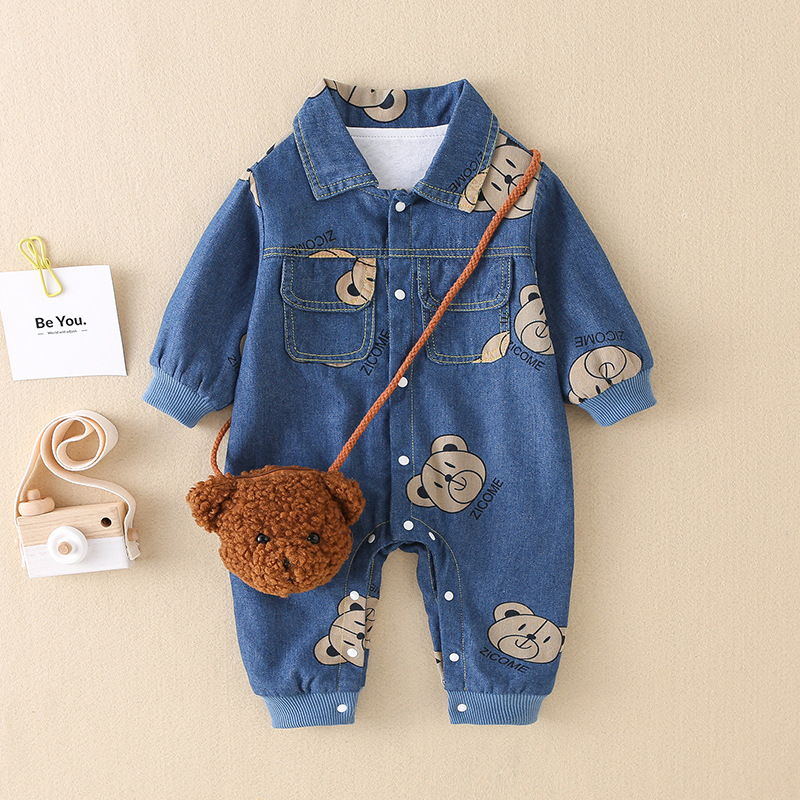 Baby Boy/Girl Allover Bear Print Polo Collar Long Sleeve Denim Fashion Romper