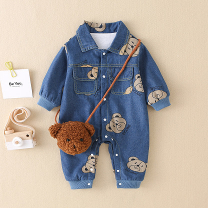Baby Boy/Girl Allover Bear Print Polo Collar Long Sleeve Denim Fashion Romper