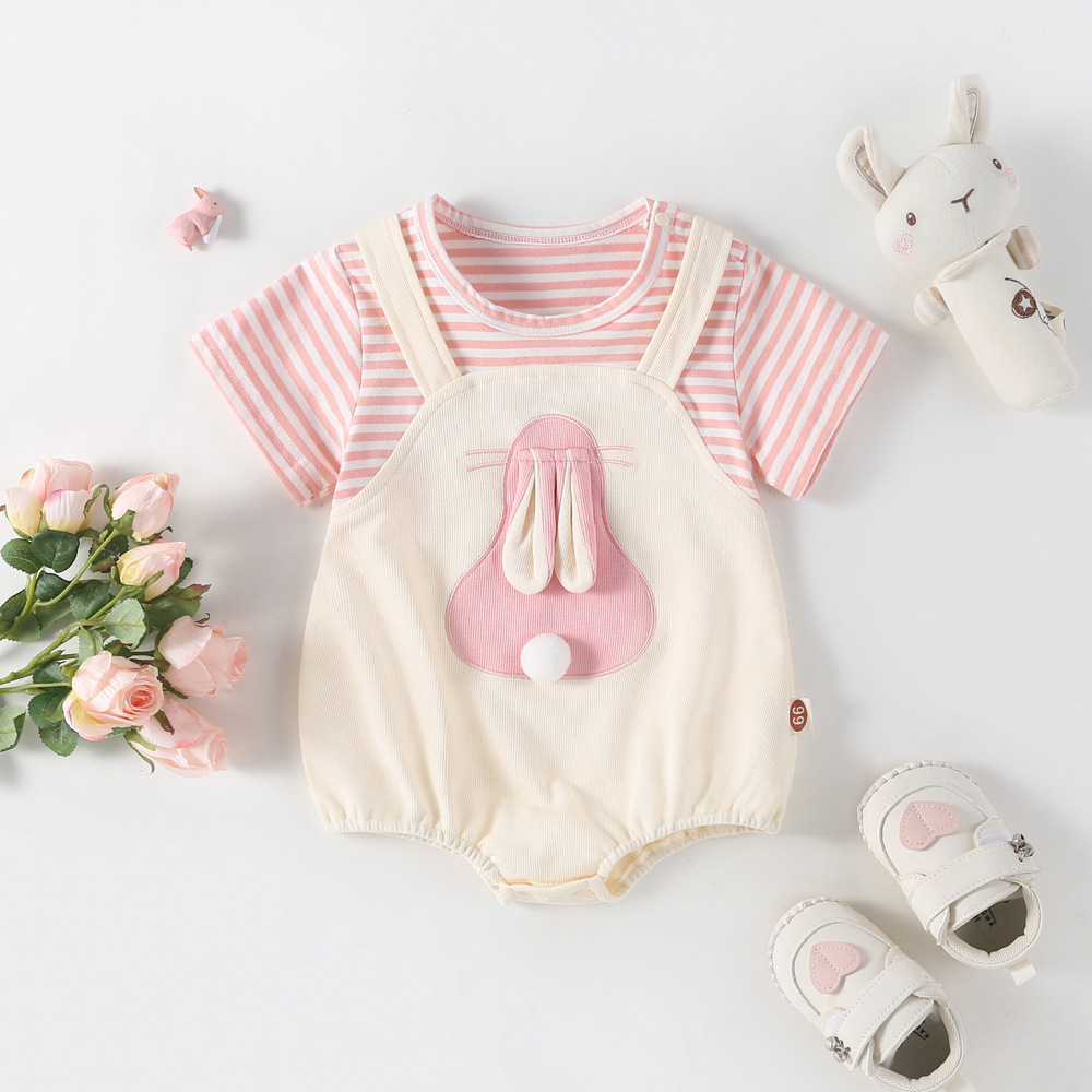 Baby Girl Mock Two Pices Rabbit Pattern Short Sleeve Romper-kissminis