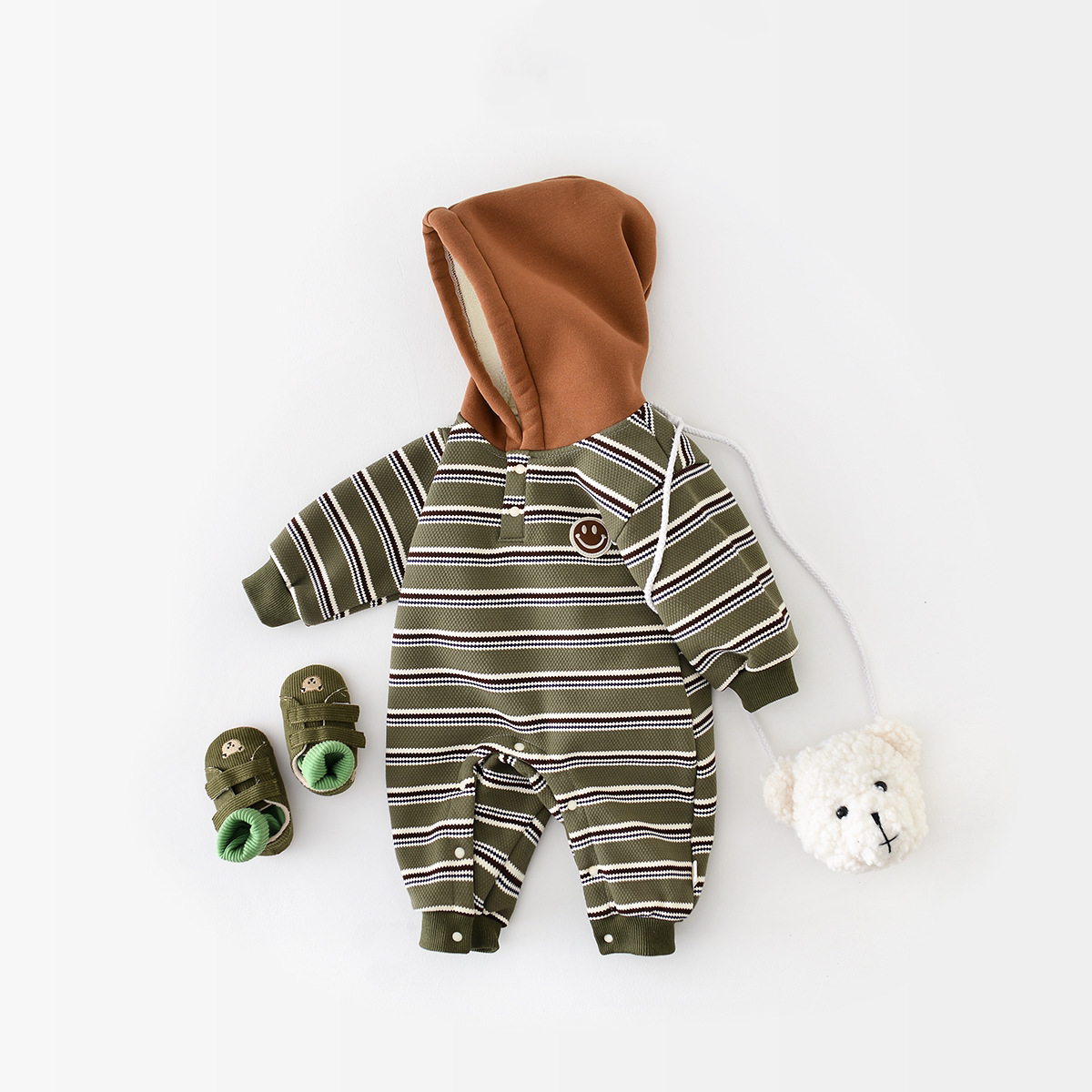 Winter Baby Boy/Girl Smiling Face Stripe Graphic Long Sleeve Hooded Romper-kissminis