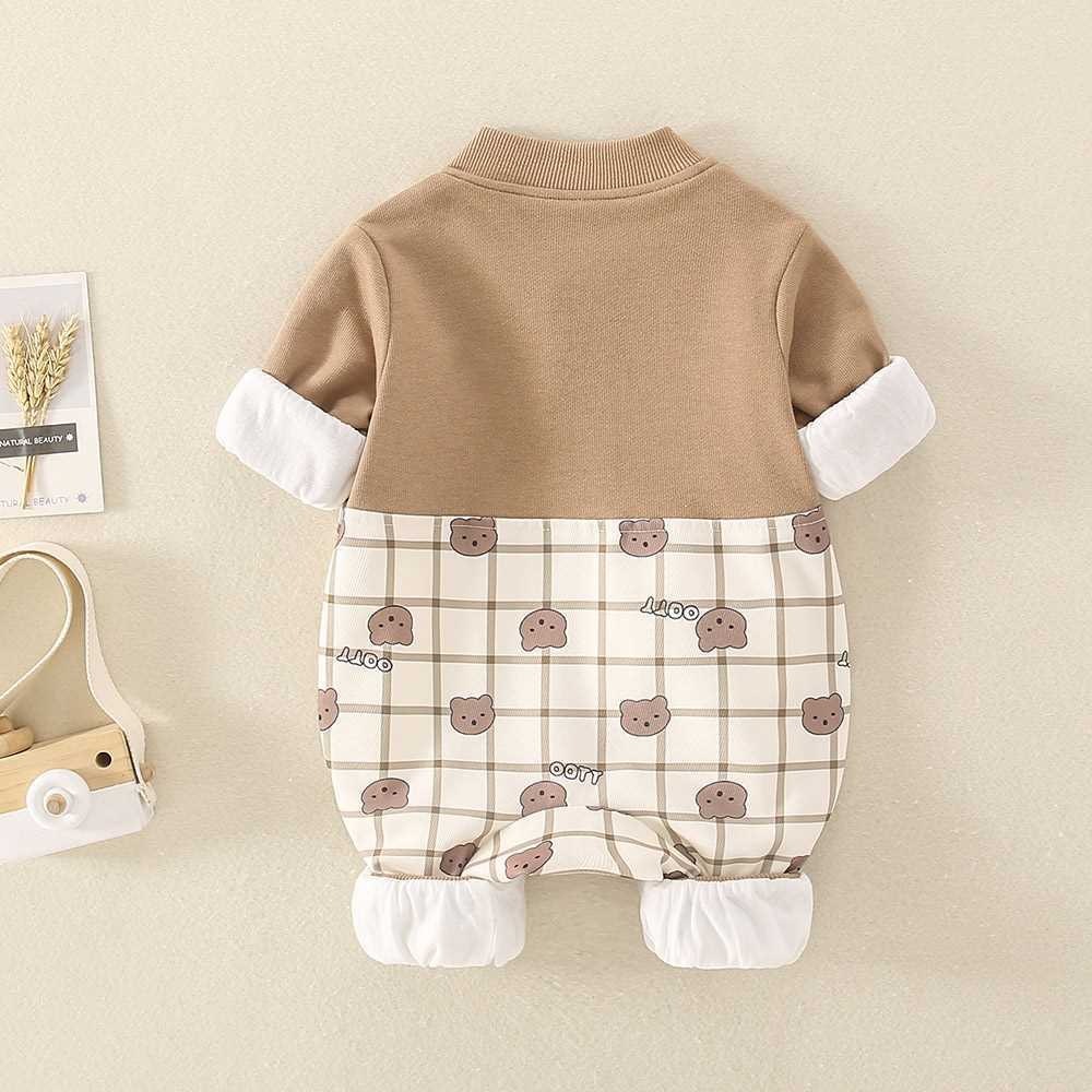 Baby Cartoon Bear Graphic Plaid Long Sleeve Romper-kissminis