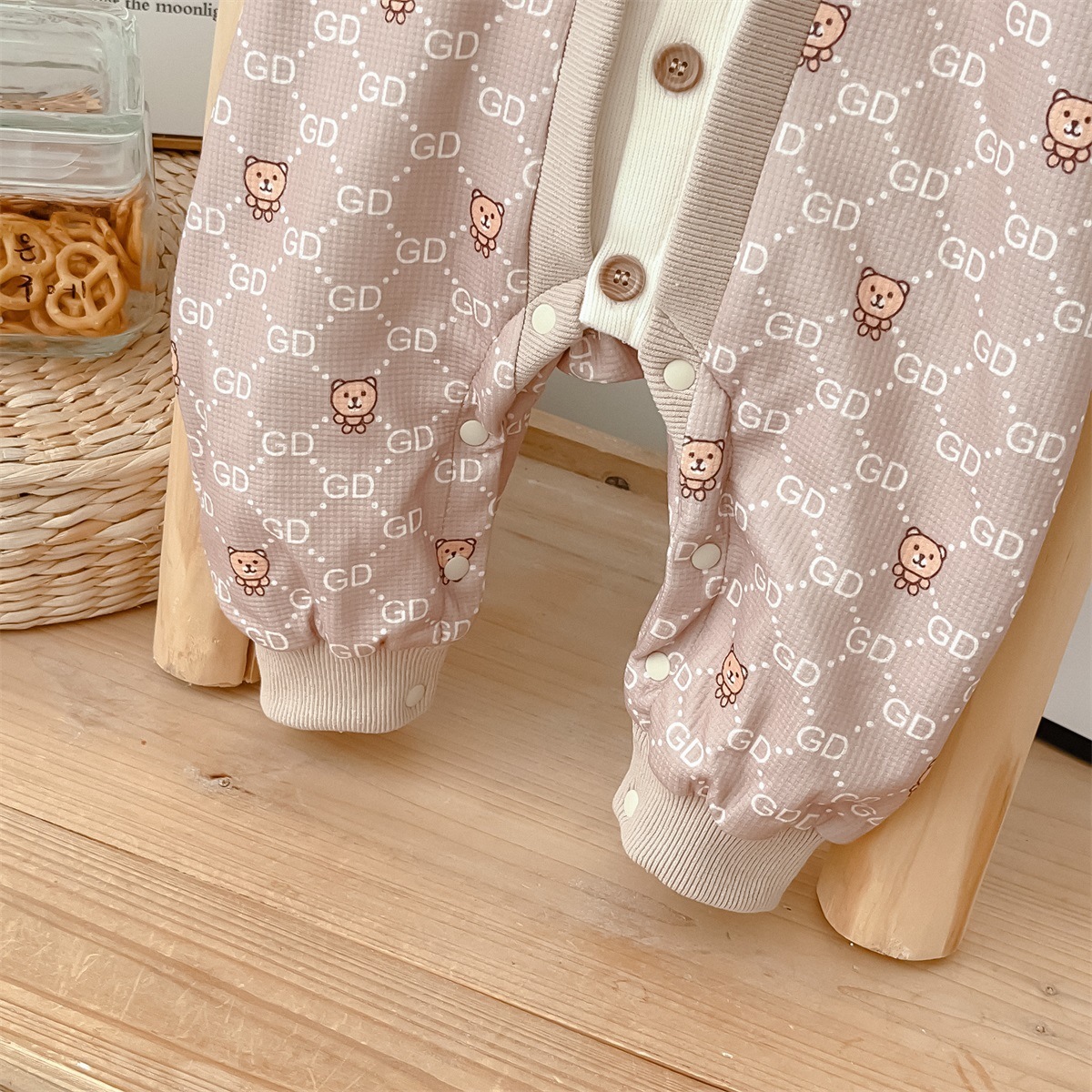 White Collar Bear Pattern, Button Front Design Romper