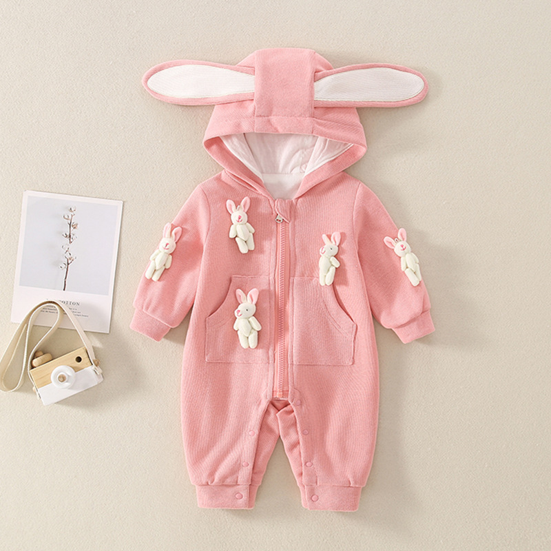 Baby Girl Cute 3D Rabbit Zippered Long Sleeve Romper-kissminis