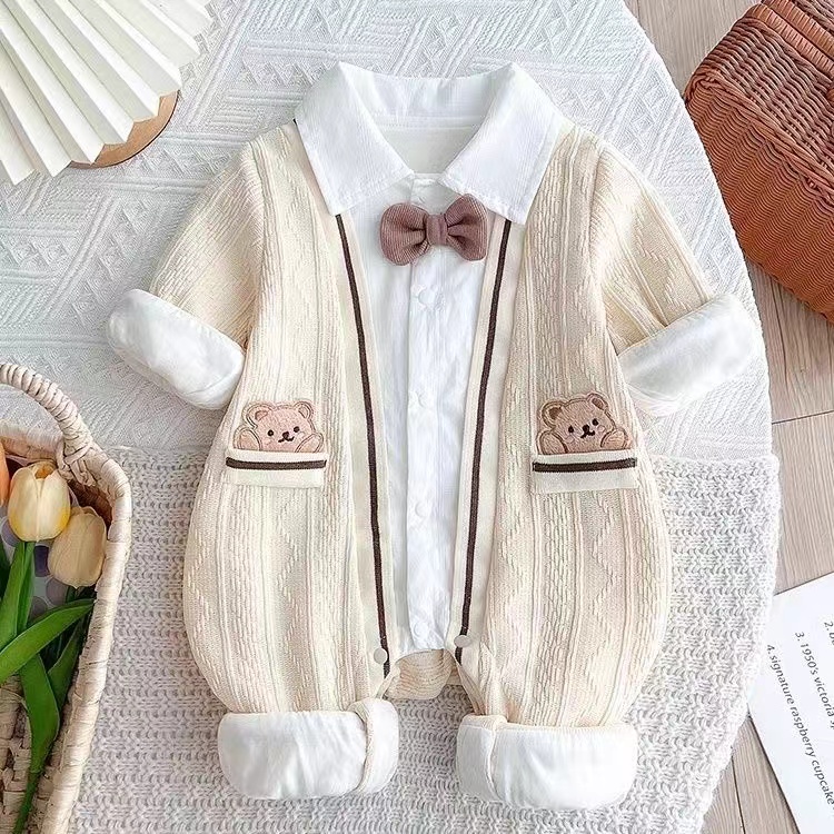 Bear Pocket Bow Tie Collar Romper